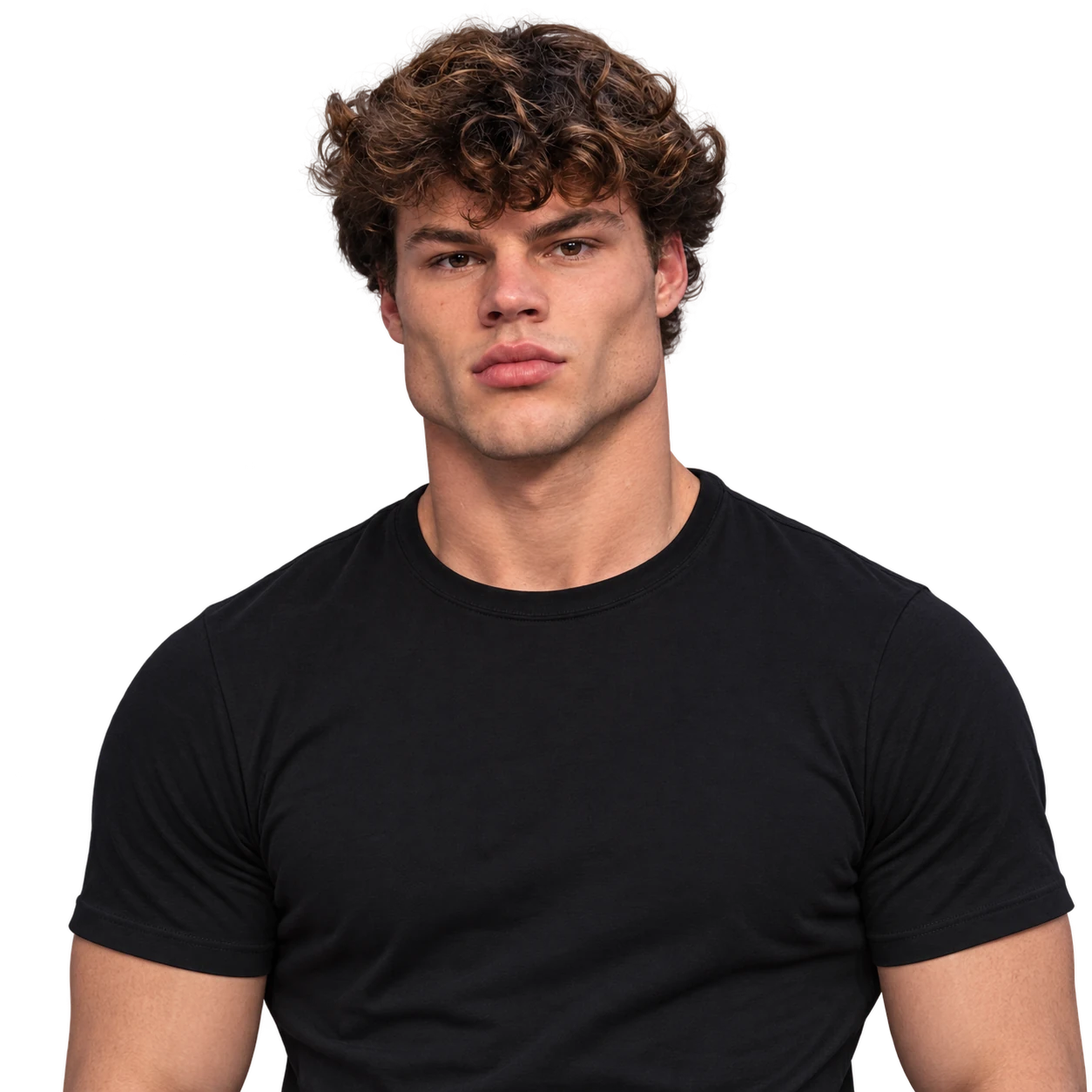 Jackchad, a curly-haired man in a black T-shirt, looking directly ahead
